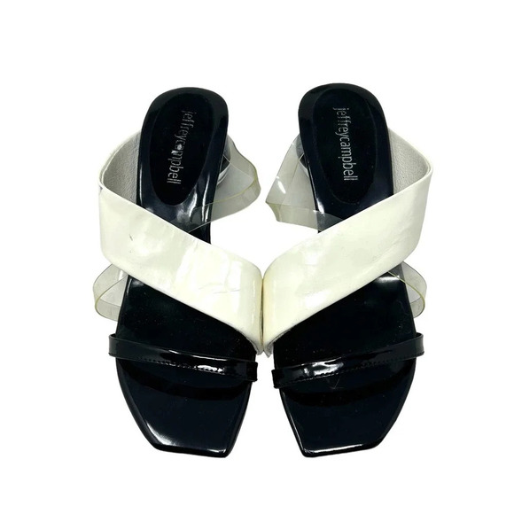 Jeffrey Campbell Laterall Ball Heel Slide Sandal‎ Black Patent/ White/ Clear 5 - Picture 2 of 6